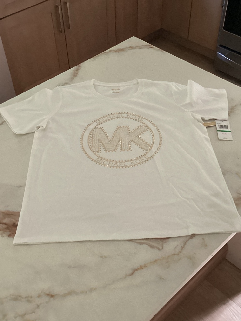 Michael Kors Women White Tee with Gold Stud Logo size large New with tags